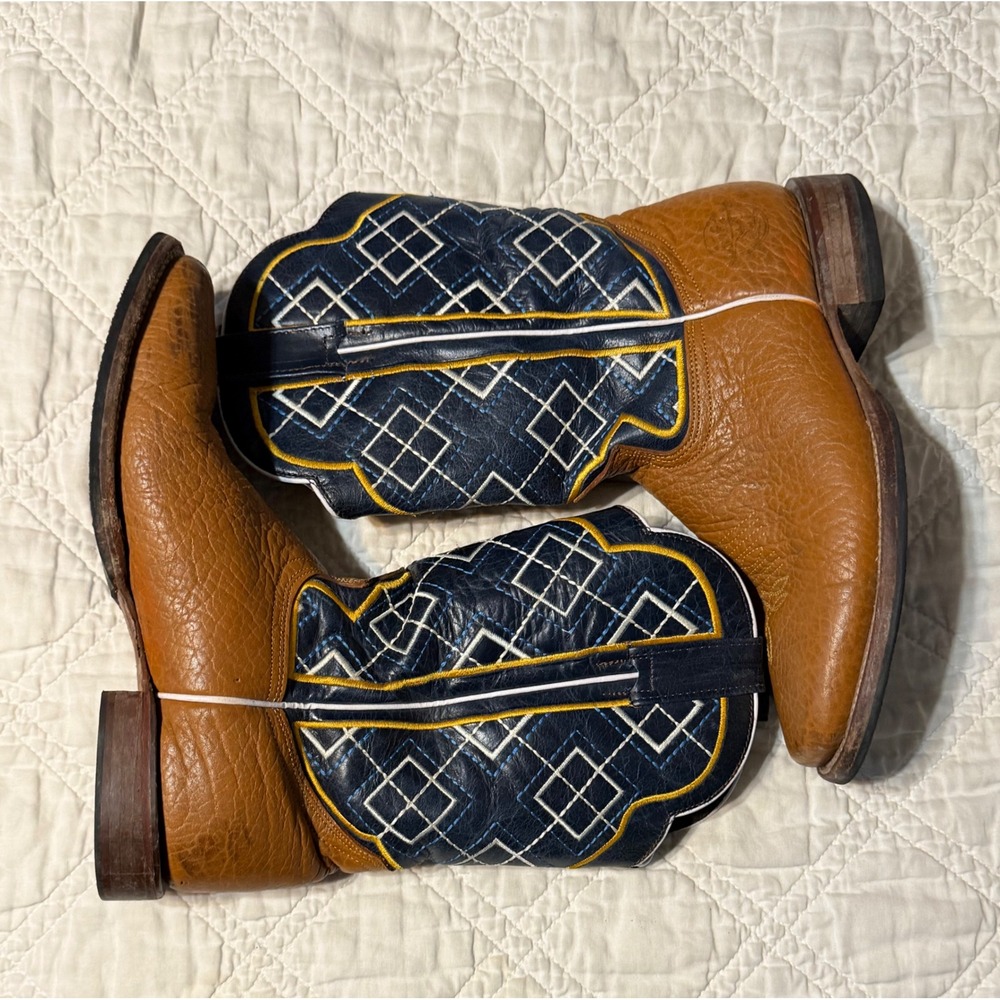 Alfa Western Boots Men 9.5 Wide 2EE Brown Navy Blue Square Toe Cowboy Leather - Picture 3 of 8